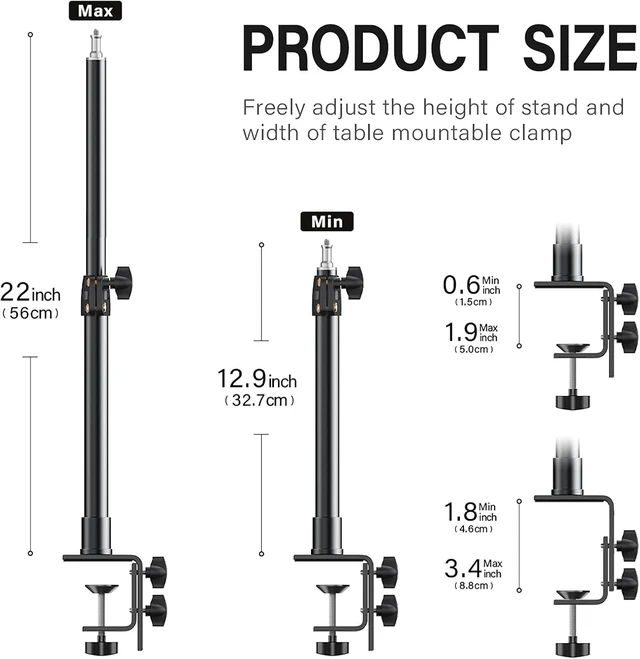 Alt view image 10 of 14 - 2-Pack Camera Desk Mount Stand with 1/4" Ball Head and Cold Shoe Mount Adapter,12.9-22" Tabletop Mounts Stand, Adjustable Aluminum Desktop Light Stand, for DSLR Camera, Ring Light, Video Light