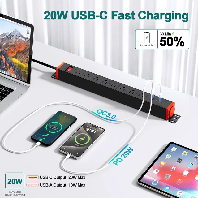 Alt view image 9 of 14 - 8 Outlet Metal Power Strip with USB-C 20W, Rack Mount USB Power with 360° Rotating Brackets, Wall Mount Power Strip for Home Office Garage Workshop