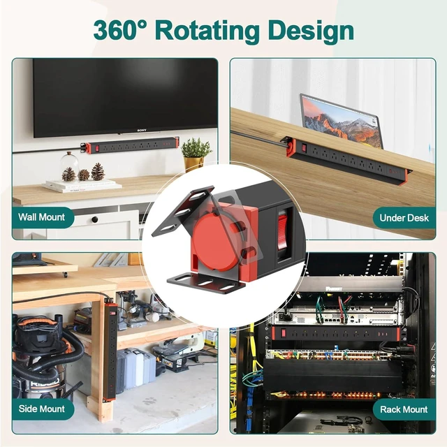 Alt view image 10 of 14 - 8 Outlet Metal Power Strip with USB-C 20W, Rack Mount USB Power with 360° Rotating Brackets, Wall Mount Power Strip for Home Office Garage Workshop