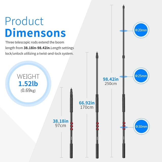 Alt view image 10 of 14 - NW-7000 Microphone Boom Arm, 3 Section Extendable Handheld Mic Arm with 3/8" & 3/8" to 5/8" Screw Adapter, 3ft to 8ft Adjustable Length,Auxiliary