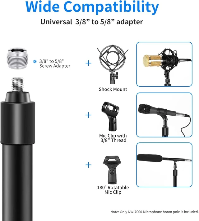 Alt view image 9 of 14 - NW-7000 Microphone Boom Arm, 3 Section Extendable Handheld Mic Arm with 3/8" & 3/8" to 5/8" Screw Adapter, 3ft to 8ft Adjustable Length,Auxiliary