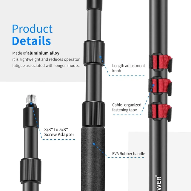 Alt view image 12 of 14 - NW-7000 Microphone Boom Arm, 3 Section Extendable Handheld Mic Arm with 3/8" & 3/8" to 5/8" Screw Adapter, 3ft to 8ft Adjustable Length,Auxiliary