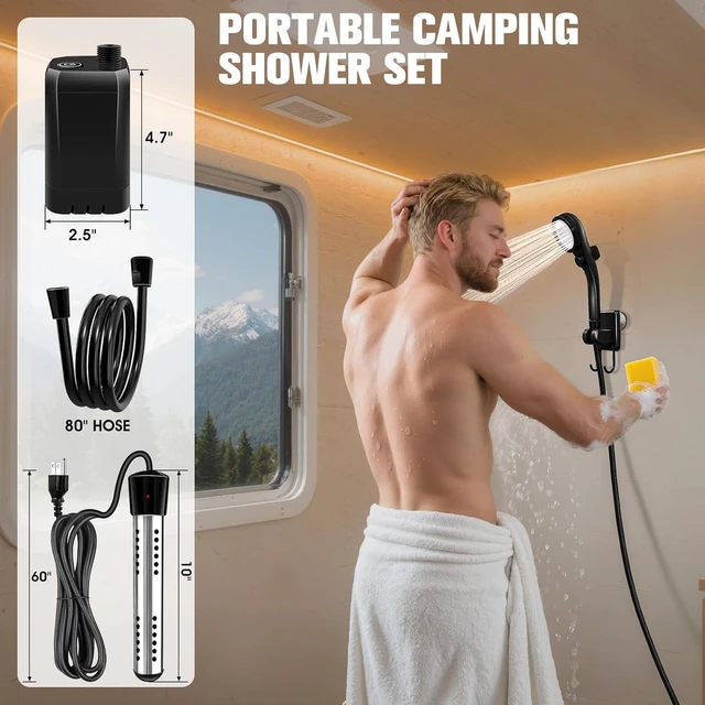 Alt view image 14 of 14 - Portable Shower with Heater,6000Mah Battery Powered Portable Shower for Camping with 2000W Auto-Off Heater,Portable Heated Shower for Camping,Digital Power&Temperature Display for Hiking