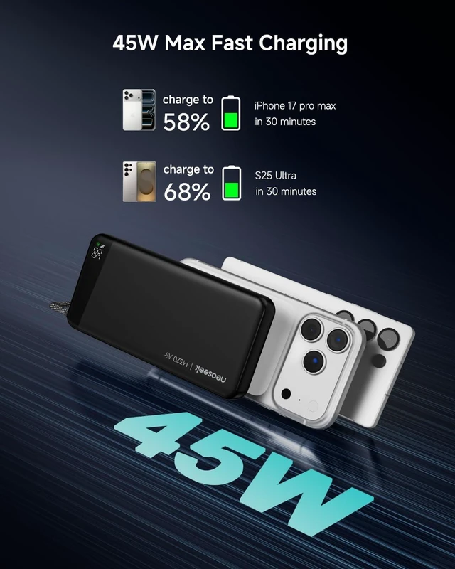 Alt view image 10 of 14 - Ultra-Thin 20,000mAh Power Bank, 45W Max Fast Charging Battery Pack, Built-in USB-C Cable for iPhone 17/16 Series, Galaxy, MacBook, and More