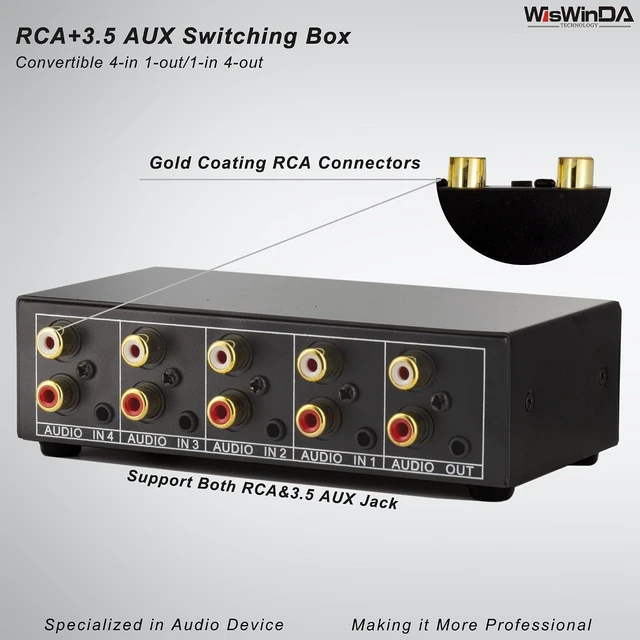 Alt view image 10 of 14 - 4-in-1-Out RCA 3.5mm Aux Audio Switch Box 4-Channel Passive Audio Selector/Switcher Connectors, 1-in-4-Out (RCA+AUX 4IN-1OUT/1IN-4OUT)