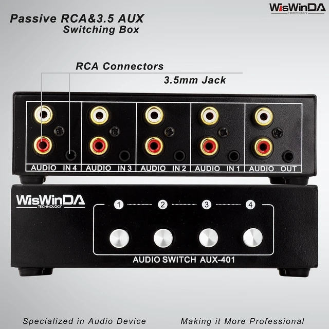Alt view image 12 of 14 - 4-in-1-Out RCA 3.5mm Aux Audio Switch Box 4-Channel Passive Audio Selector/Switcher Connectors, 1-in-4-Out (RCA+AUX 4IN-1OUT/1IN-4OUT)