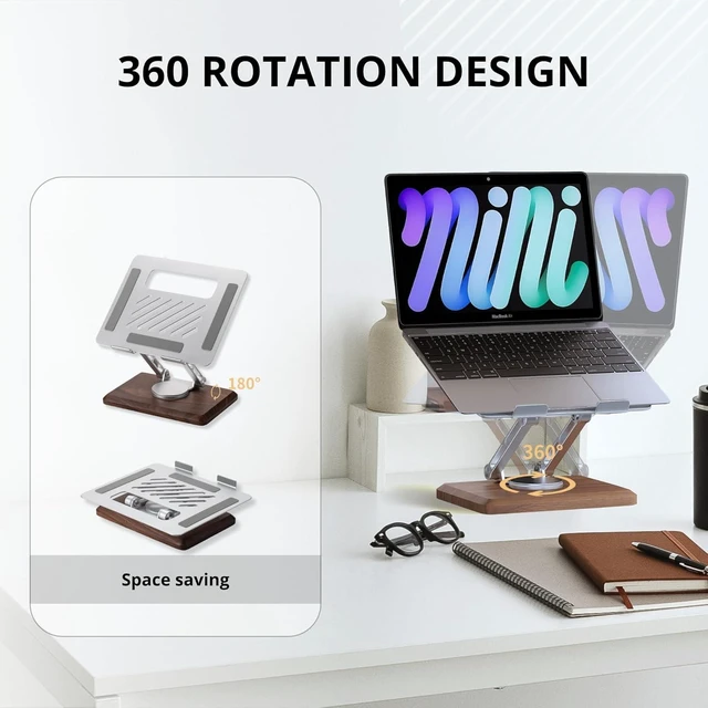 Alt view image 9 of 12 - muso wood Laptop Stand for Desk, Laptop Riser with 360 Rotating Walnut Base, Adjustable Laptop Stand, Ergonomic Wooden Laptop Ventilated Stand for 10 to 17.3 Inches Notebook PC Computer