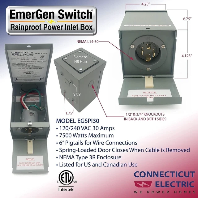 Alt view image 7 of 10 - 30-Amp Power Inlet Box with Hinged Door, NEMA 3R Power Inlet Box, Generators Up to 7,500 Running Watts, ETL Listed