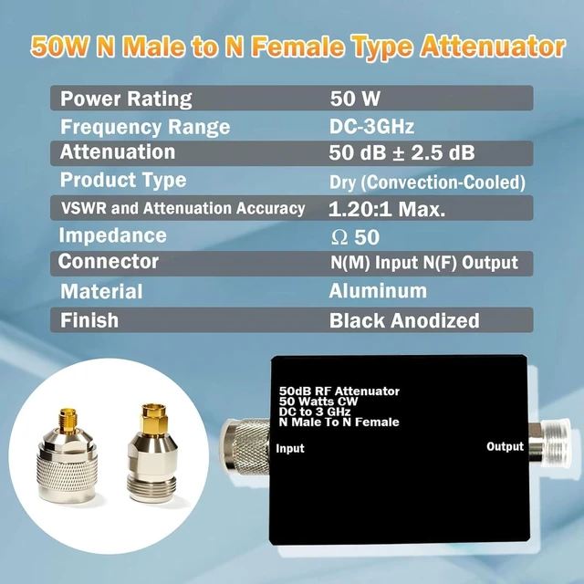 Alt view image 9 of 9 - 50W RF Attenuator, 50 dB Fixed, 50 Watt 50 Ohm Attenuator DC to 3GHz, N Male to Female Fixed Attenuator kit for Tinysa Ultra Spectrum Analyzer Antennas & Test Equipment