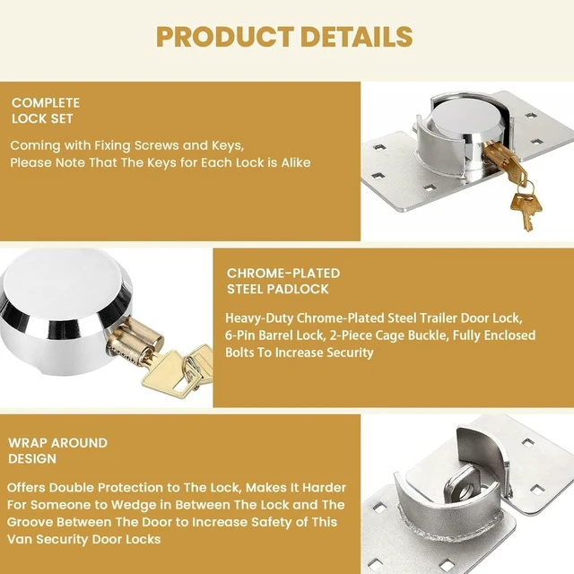 Alt view image 11 of 12 - 2 Pack Van Door Padlock Keyed Alike Heavy Duty Solid Steel Hasp 73MM Garage Shed Door Lock Security Padlock Nut with 4 Keys for Trucks, Gates, Vans