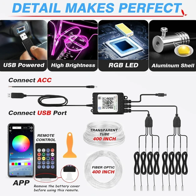 Alt view image 10 of 14 - Car LED Interior Strip Light, 8 in 1 RGB Multicolor with 400 inches Fiber Optic Ambient Lighting Kits with Remote and APP Control, Car USB LED Strip Lights with Music Sync Mode