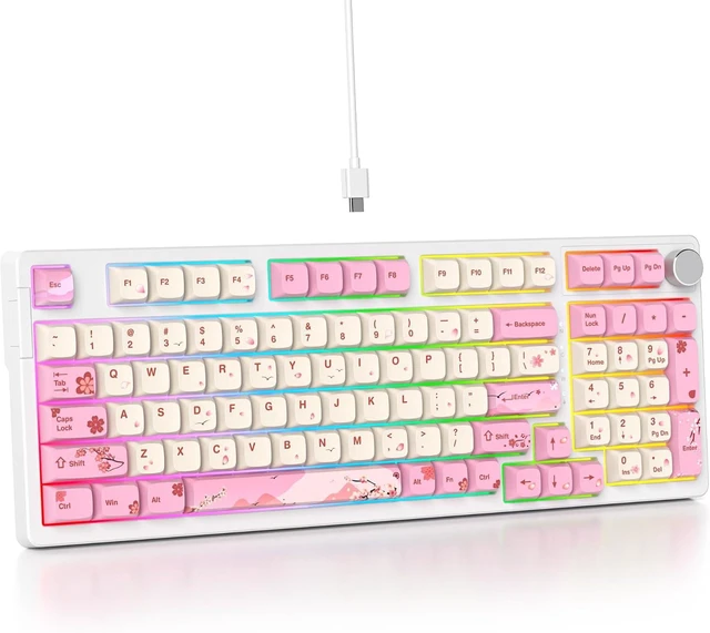 Alt view image 7 of 12 - Pink Creamy Keyboard with with Number Pad, 96% RGB Full Gasket Mounted Hot Swappable Custom Wired Thocky Keyboard with Knob for Office Gamer (98 Ying)
