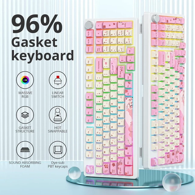 Alt view image 8 of 12 - Pink Creamy Keyboard with with Number Pad, 96% RGB Full Gasket Mounted Hot Swappable Custom Wired Thocky Keyboard with Knob for Office Gamer (98 Ying)