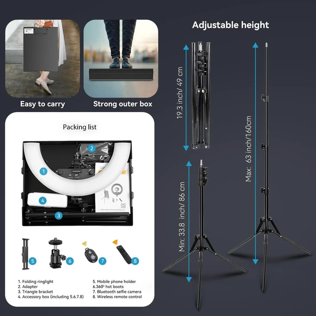 Alt view image 11 of 14 - 18 Inch Ring Light Kit, 55W6700k Dimmable LED Light, Tripod Stand, Remote Controller,Box,CRI95,Black