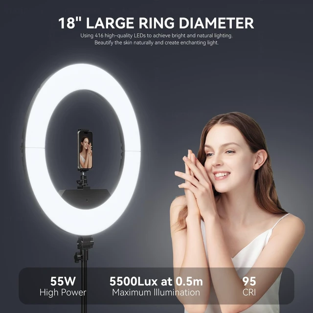 Alt view image 10 of 14 - 18 Inch Ring Light Kit, 55W6700k Dimmable LED Light, Tripod Stand, Remote Controller,Box,CRI95,Black