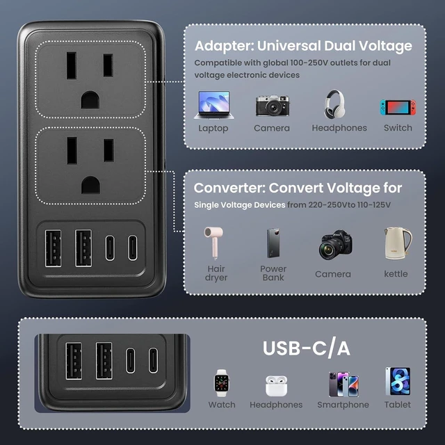 Alt view image 9 of 14 - 2000W 220V to 110V Voltage Converter US to Europe for Hair Dryer, Converter for European Travel, Travel Adapter with 2 USB A and 2 USB C Ports