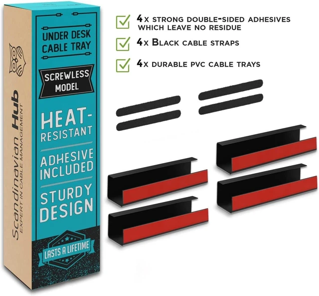 Alt view image 12 of 14 - No-Screw Under Desk Cable Management Tray - Self-Adhesive Installation, Cord Management, Cable Tray, Under Desk Wire Organizer - Black Set of 4
