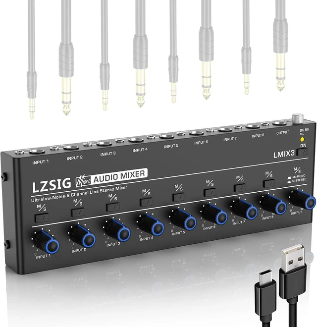 Alt view image 8 of 14 - Audio Mixer, Stereo Line Mixer for Sub-Mixing, Ultra Low-Noise, 8-Channel, 1/4" & 1/8" TRS Output and Input, for Drums, Guitars, Bass, Keyboards