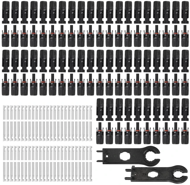 Main image of 100 Pcs MC4 Solar Panel Cable Connectors, IP67 1000V 30A Waterproof Male/Female Plug with 2 Spanners for 10AWG Solar Systems (50 Pairs)