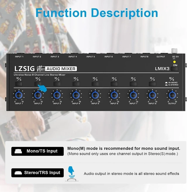 Alt view image 11 of 14 - Audio Mixer, Stereo Line Mixer for Sub-Mixing, Ultra Low-Noise, 8-Channel, 1/4" & 1/8" TRS Output and Input, for Drums, Guitars, Bass, Keyboards