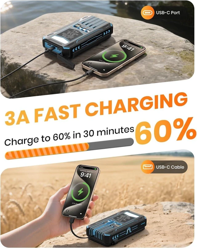 Alt view image 11 of 14 - Solar Power Bank 48000mAh Wireless Battery Pack with 4 Cables