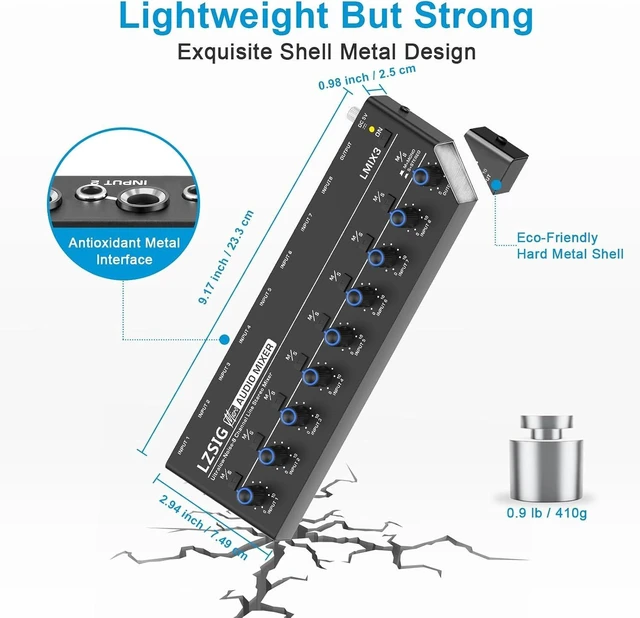 Alt view image 13 of 14 - Audio Mixer, Stereo Line Mixer for Sub-Mixing, Ultra Low-Noise, 8-Channel, 1/4" & 1/8" TRS Output and Input, for Drums, Guitars, Bass, Keyboards