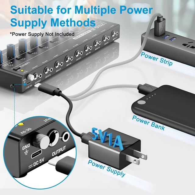 Alt view image 12 of 14 - Audio Mixer, Stereo Line Mixer for Sub-Mixing, Ultra Low-Noise, 8-Channel, 1/4" & 1/8" TRS Output and Input, for Drums, Guitars, Bass, Keyboards