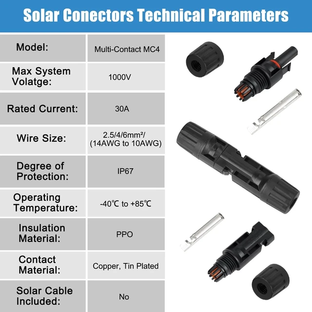 Alt view image 5 of 7 - 100 Pcs MC4 Solar Panel Cable Connectors, IP67 1000V 30A Waterproof Male/Female Plug with 2 Spanners for 10AWG Solar Systems (50 Pairs)