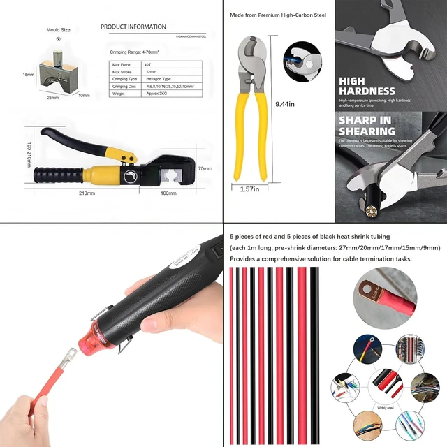 Alt view image 9 of 14 - Hydraulic Crimping Tool,with Cable Cutter & 9 Dies,Dattery Terminal Cable Crimper tool for 12 to 2/0 AWG, With Mini Heat Gun and Heat Shrink Tubing