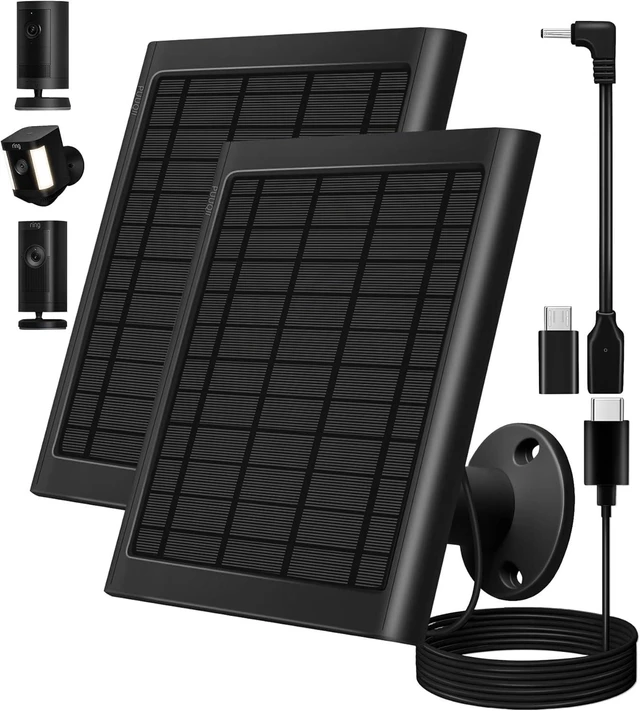 Alt view image 8 of 14 - 8W Solar Panel for Ring Camera, 2-Pack Solar Panel Charger Compatible with Ring Stick Up Cam Battery, Spotlight Cam Battery, Includes Barrel Plug to USB-C Adapter, IP65 Waterproof, 10ft Cable