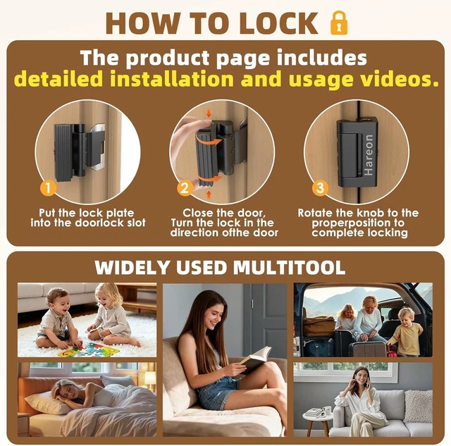 Alt view image 11 of 14 - Portable Door Lock, Door Reinforcement Lock, Portable Door Lock for Travel - No Drilling, Interior Doors for Apartments, Hotels, bedroomsBlack-3PCS