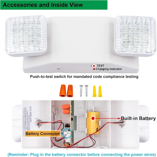Alt view image 12 of 14 - LED Emergency Lighting Fixtures with 2 LED Heads and Back Up Batteries- US Standard Exit Light, UL 924 and CEC Qualified, 120/277 Voltage, 2-Pack