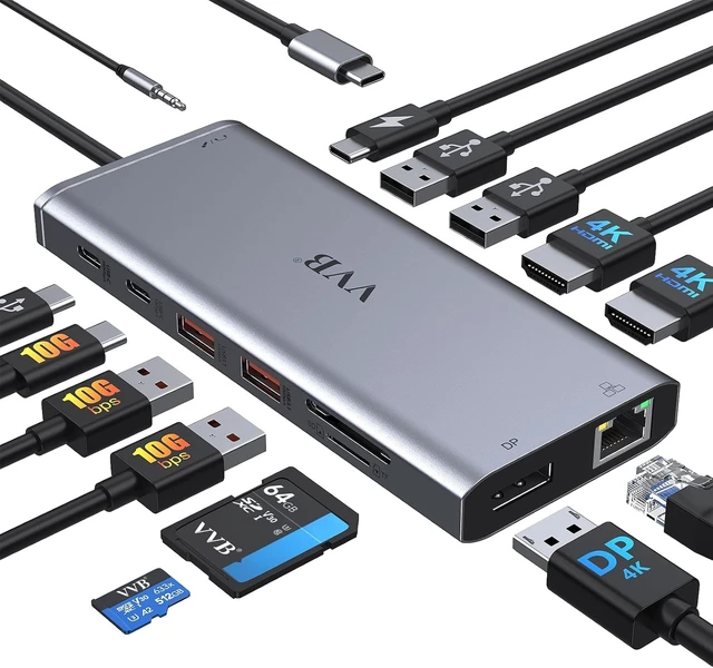 Alt view image 8 of 14 - USB C Laptop Docking Station Dual Monitor HDMI for Dell/ /HP Laptop 14 in 1 USB C Hub Multiport Adapter Dongle Dock USB C to 2 HDMI 4K+DisplayPort+Ethernet+4USB+2USB C+100W PD Charger+SD/TF+Audio