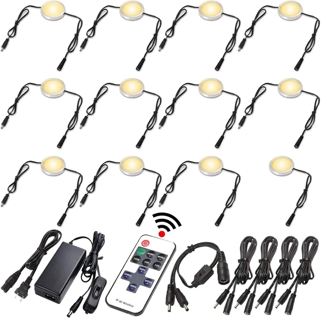 Alt view image 8 of 14 - Slim Under Cabinet LED Puck Lights, 110V Wired Accent Lighting Kit, Plug-in & Direct Hardwiring, Daisy Chained linkable, RF Remote Dimmable, Black Cables, Warm White 2700K, 12 Lights