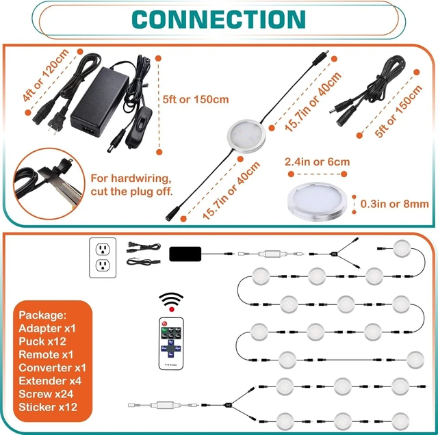 Alt view image 9 of 14 - Slim Under Cabinet LED Puck Lights, 110V Wired Accent Lighting Kit, Plug-in & Direct Hardwiring, Daisy Chained linkable, RF Remote Dimmable, Black Cables, Warm White 2700K, 12 Lights