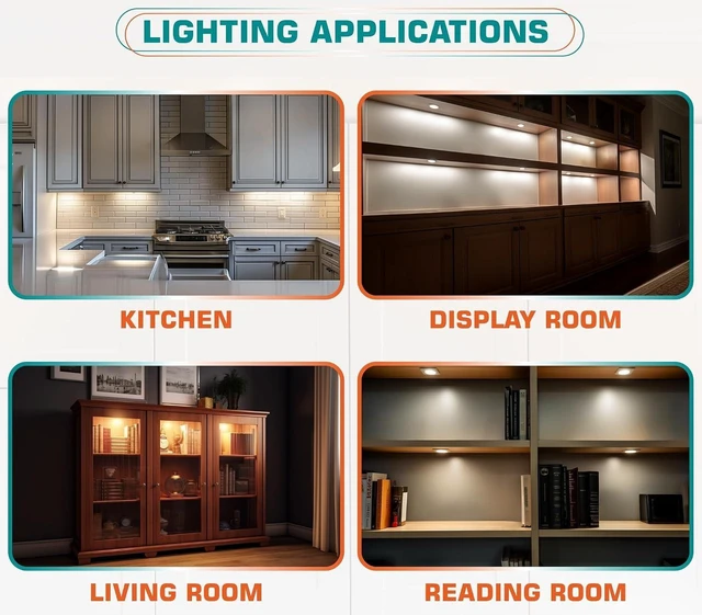 Alt view image 14 of 14 - Slim Under Cabinet LED Puck Lights, 110V Wired Accent Lighting Kit, Plug-in & Direct Hardwiring, Daisy Chained linkable, RF Remote Dimmable, Black Cables, Warm White 2700K, 12 Lights