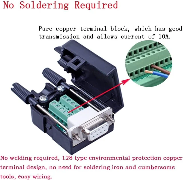 Alt view image 9 of 14 - 10PCS DB9 Female Breakout Connector,DB9 Solderless RS232 D-SUB Serial to 9-pin Port Terminal Adapter Connector Breakout Board with Case Long Bolts Tail Pipe