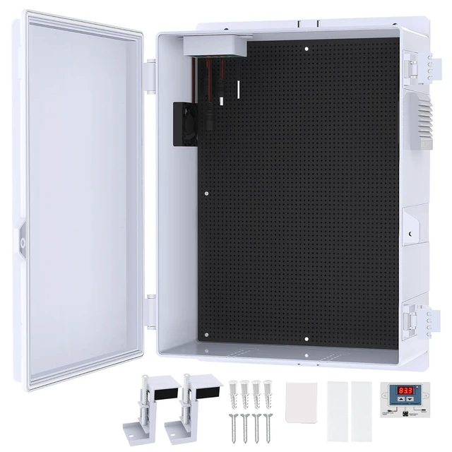 Alt view image 8 of 14 - Outdoor Electrical Box, Waterproof Electrical Junction Box IP65 ABS Plastic Enclosure with Fan & Thermostat, Mounting Plate and Hinged Lid (15.7" H x 11" L x 5.9" W)