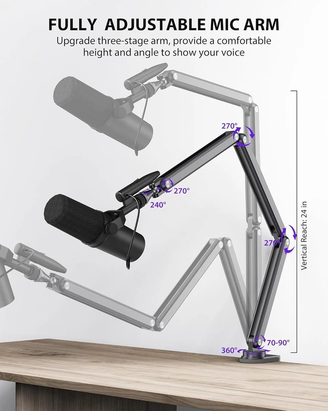 Alt view image 6 of 8 - Aluminum Alloy Boom Arm Microphone Stand for Desk, Three-Section Adjustable Mic Arm Mount with Cable Management Channels for Desktop Podcasting, Recording, Streaming, Gaming, Home Office-Gray