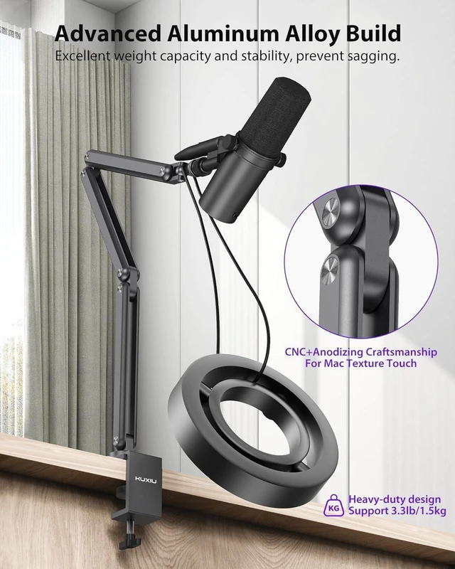 Alt view image 7 of 8 - Aluminum Alloy Boom Arm Microphone Stand for Desk, Three-Section Adjustable Mic Arm Mount with Cable Management Channels for Desktop Podcasting, Recording, Streaming, Gaming, Home Office-Gray