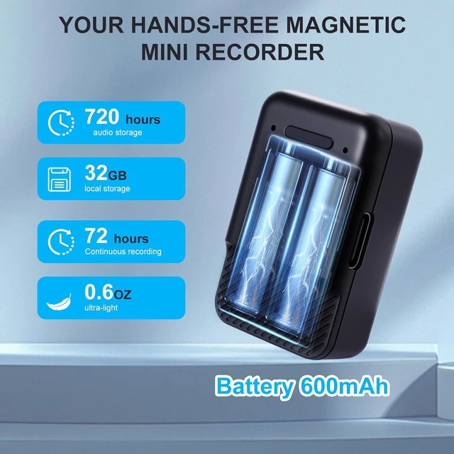 Alt view image 12 of 14 - Mini Magnetic Voice Recorder Voice Activated Audio Recording Device for Car, Meeting, Office 72-Hour Battery, USB-C, Noise Reduction, One-Click Operation
