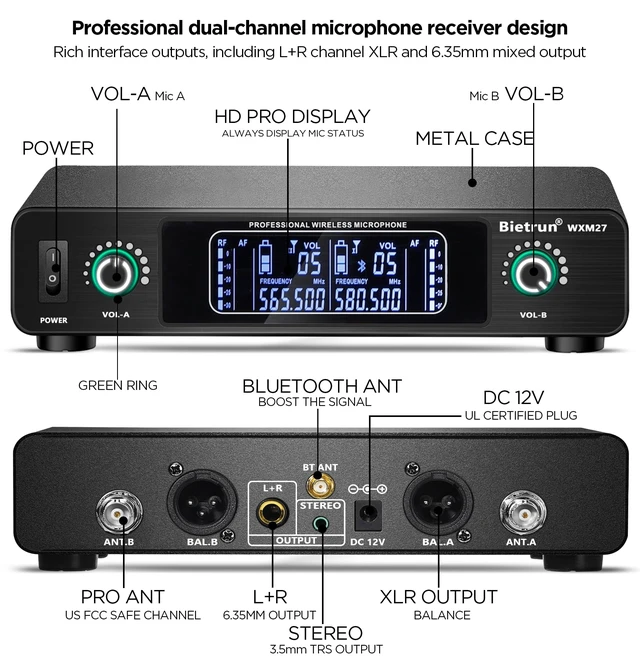 Alt view image 7 of 7 - Dual UHF Wireless Microphone System with 2 Rechargeable Handheld Microphone | 1/4''Output, xlr Output, for Home Karaoke, Meeting, Party, Church, DJ, Wedding(UHF 240ft Range)(Receiver with Bluetooth)