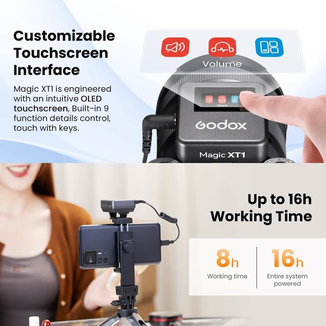 Alt view image 5 of 7 - GODOX Magic XT1 Touchscreen Wireless Lavalier Microphone | For Camera/Android/iPhone 15&16/PC, 48kHz/24-bit, Noise Cancellation, 2.4G Wireless 656ft Range, For TikTok Vlog Youtuber