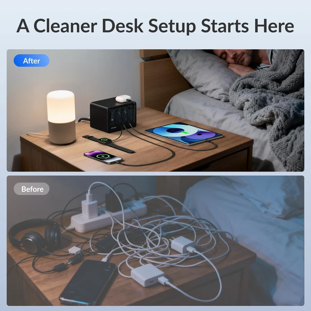 Alt view image 2 of 7 - 12-in-1 Desktop Charging Station, 260W USB Retractable GaN Charger | Modular Charging Hub with 4 AC, 4 USBC, 33.5in Retractable Cables, Fast Charger for Laptop, Phone, Tablet, Home Office, Black