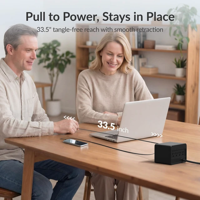 Alt view image 4 of 7 - 12-in-1 Desktop Charging Station, 260W USB Retractable GaN Charger | Modular Charging Hub with 4 AC, 4 USBC, 33.5in Retractable Cables, Fast Charger for Laptop, Phone, Tablet, Home Office, Black