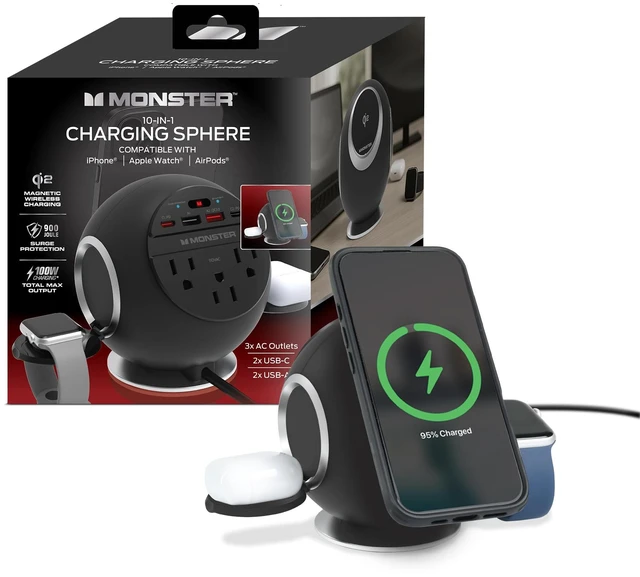 Main image of Monster 10 in 1 Charging Station, Includes 3 AC Outlets, 2 USB-A Ports, 2 USB-C PD Ports (65W Max), 3 Wireless Chargers Compatible with Qi Compatible Phones (15W), Apple Watch (5W), Air Pods (2.5W)