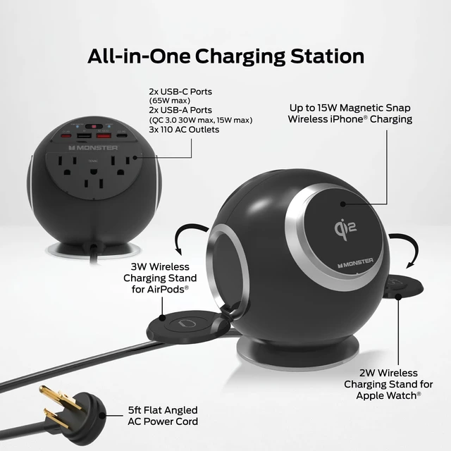 Alt view image 2 of 7 - Monster 10 in 1 Charging Station, Includes 3 AC Outlets, 2 USB-A Ports, 2 USB-C PD Ports (65W Max), 3 Wireless Chargers Compatible with Qi Compatible Phones (15W), Apple Watch (5W), Air Pods (2.5W)