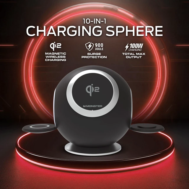 Alt view image 3 of 7 - Monster 10 in 1 Charging Station, Includes 3 AC Outlets, 2 USB-A Ports, 2 USB-C PD Ports (65W Max), 3 Wireless Chargers Compatible with Qi Compatible Phones (15W), Apple Watch (5W), Air Pods (2.5W)
