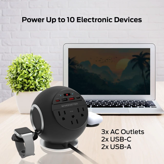 Alt view image 5 of 7 - Monster 10 in 1 Charging Station, Includes 3 AC Outlets, 2 USB-A Ports, 2 USB-C PD Ports (65W Max), 3 Wireless Chargers Compatible with Qi Compatible Phones (15W), Apple Watch (5W), Air Pods (2.5W)