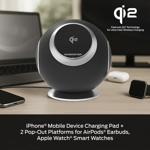 Alt view image 4 of 7 - Monster 10 in 1 Charging Station, Includes 3 AC Outlets, 2 USB-A Ports, 2 USB-C PD Ports (65W Max), 3 Wireless Chargers Compatible with Qi Compatible Phones (15W), Apple Watch (5W), Air Pods (2.5W)